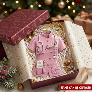 Personalized Nurse Christmas Ornament, Custom Name Scrub Top Decor, Pink RN Medical Keepsake