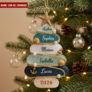 Custom Sea Glass Tree Ornament, Personalized Beach Family Christmas Decor