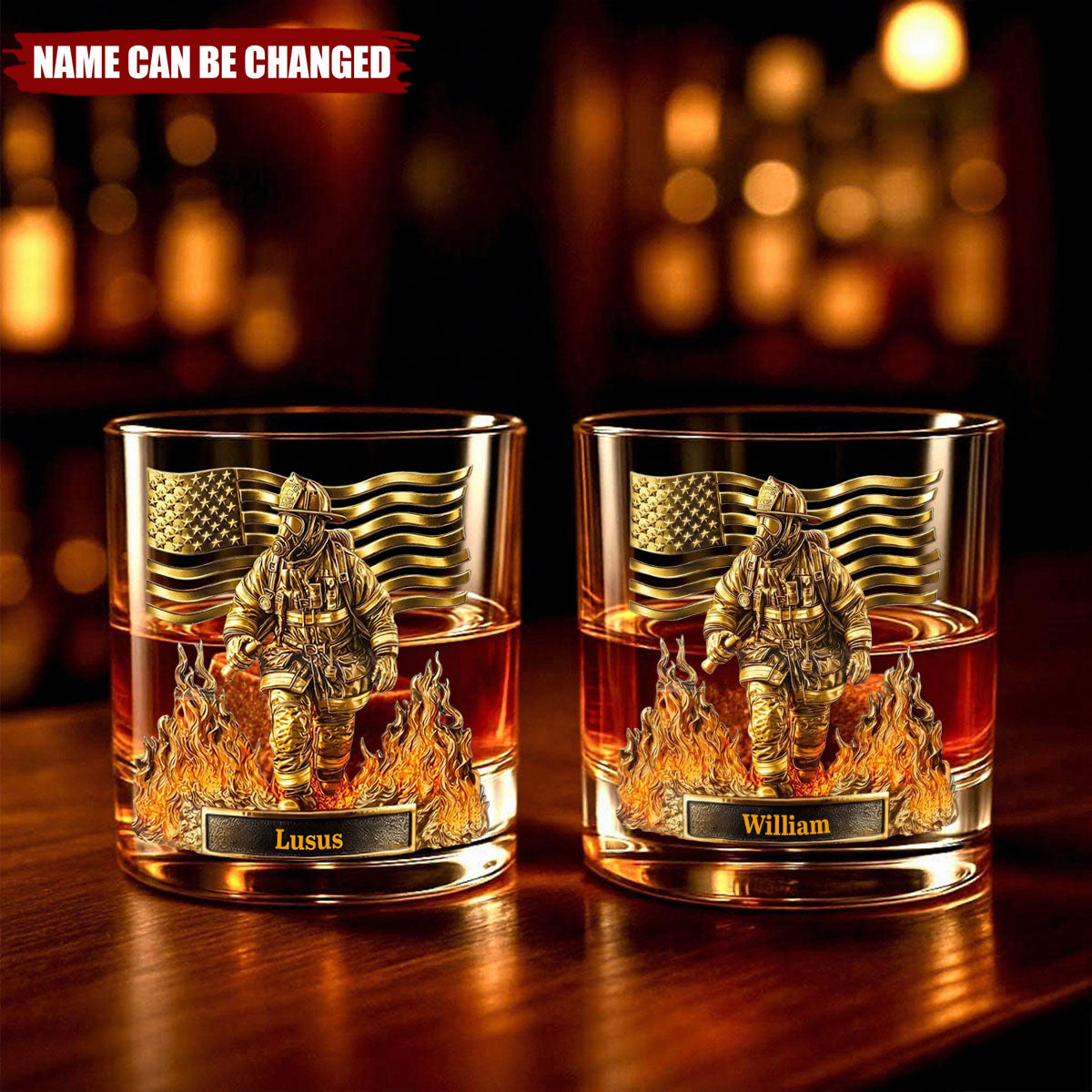 Celebrate Our Heroes, Brave Firefighter And American Flag, Custom Whiskey Glass