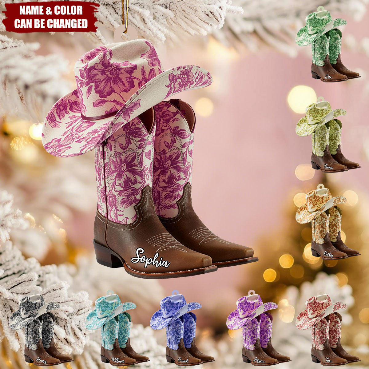 Western Toile de Jouy-Personalized Cowboy Boots Hat Acrylic Ornament