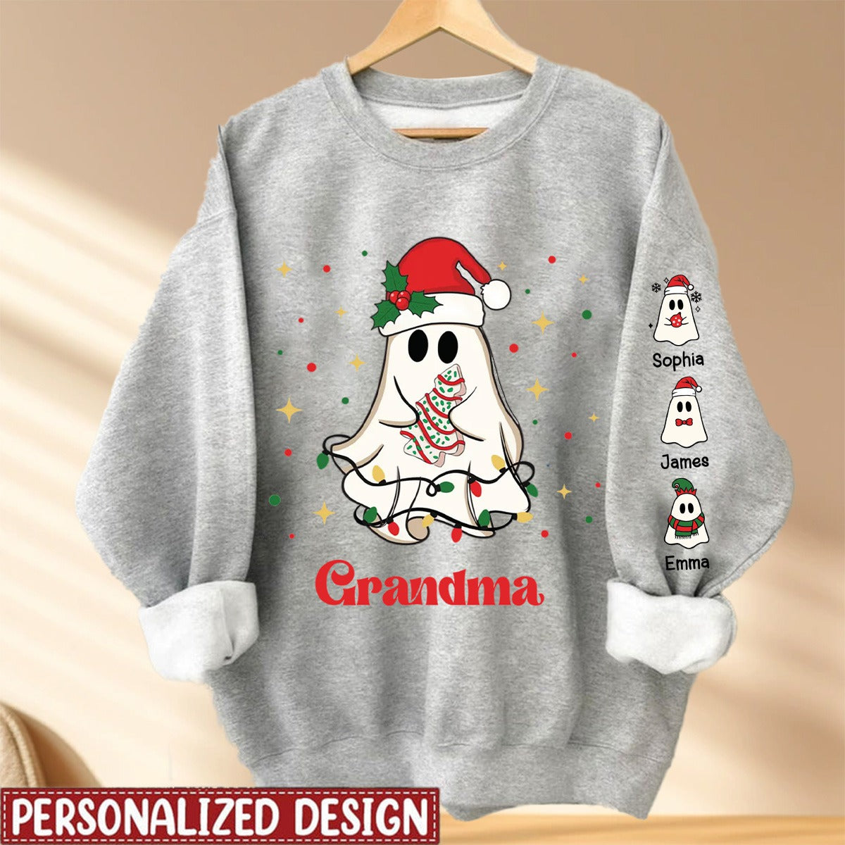 Christmas Cute Boo Grandma Grandkids Personalized Sleeve Printed Sweatshirt