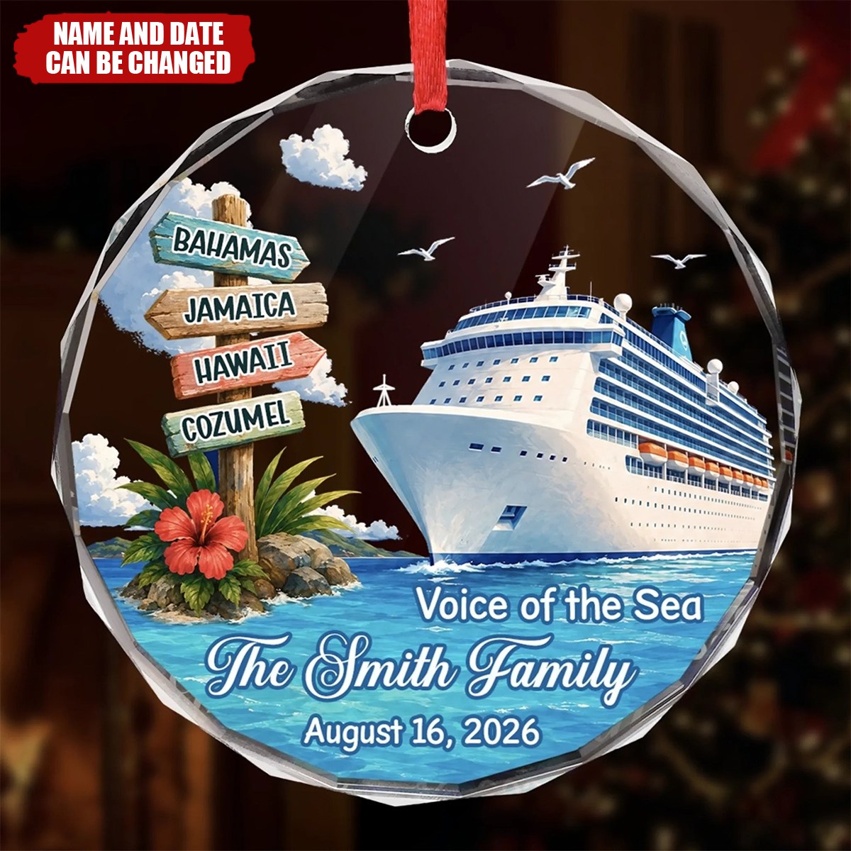 Custom Cruise Ship Circle Glass Ornament - Personalized Christmas Birthday Gifts For Mom, Dad, Brother, Sister - Making Waves Together