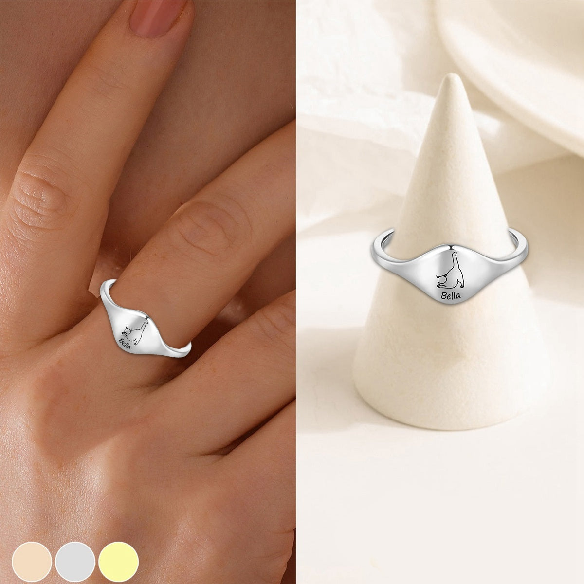Cute Engraved Cat Silhouette Ring with Name - Personalized Birthday Memorial Ring