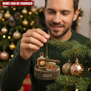 Personalized Whiskey Christmas Ornament, Custom Bourbon Lover Gift, 2026 Bar Decor, Whiskey Barrel Ornament, Cigar Lover Gift