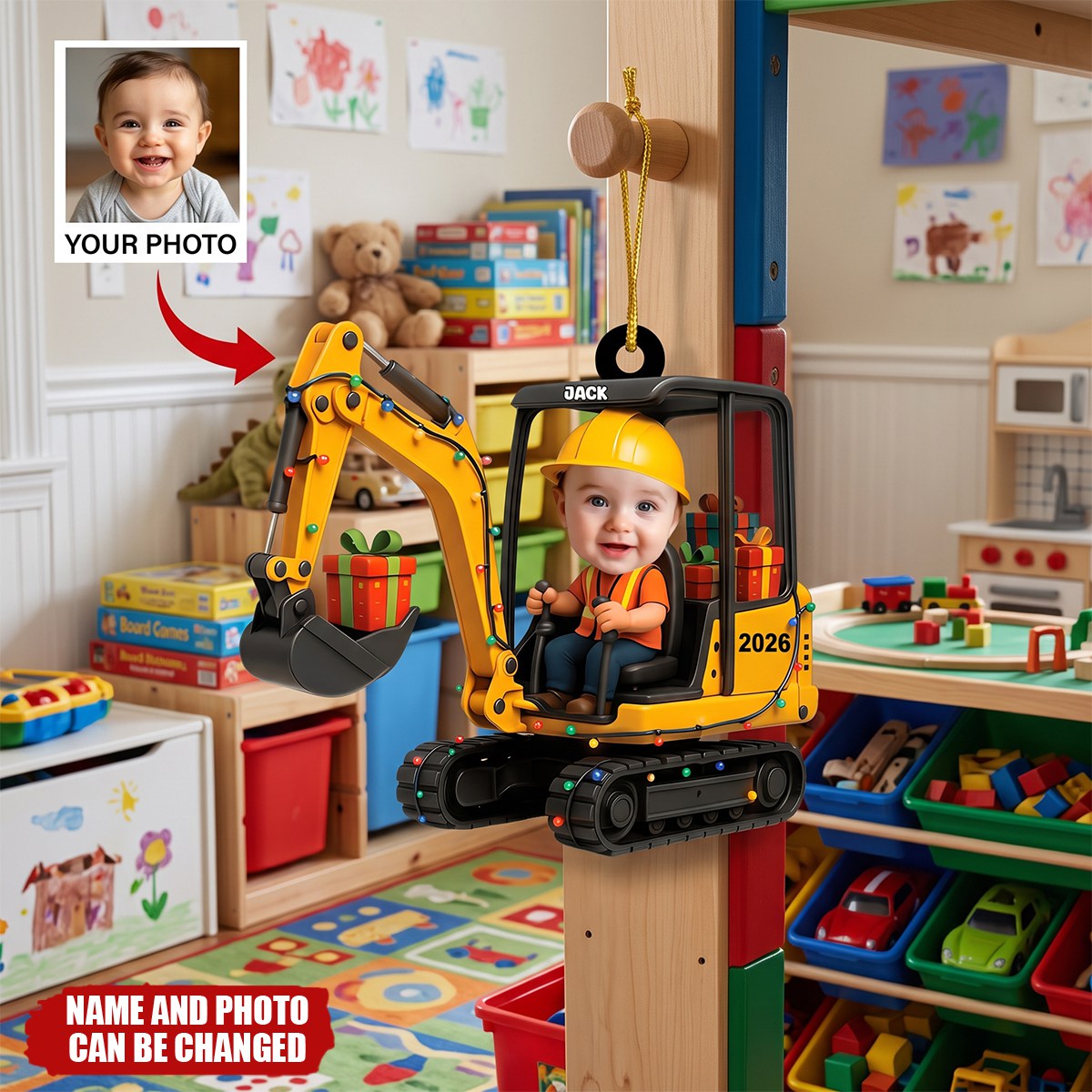 Personalized Excavator Christmas Ornament, Custom Kid Face Keepsake, Gift For Kids & Family