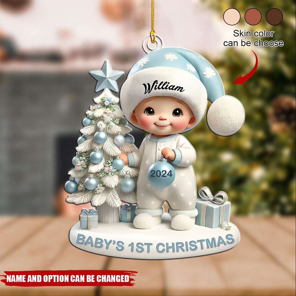 Cute Baby Standing Beside Christmas Tree 3D Effect Baby's First Christmas Personalized Acrylic Flat Ornament