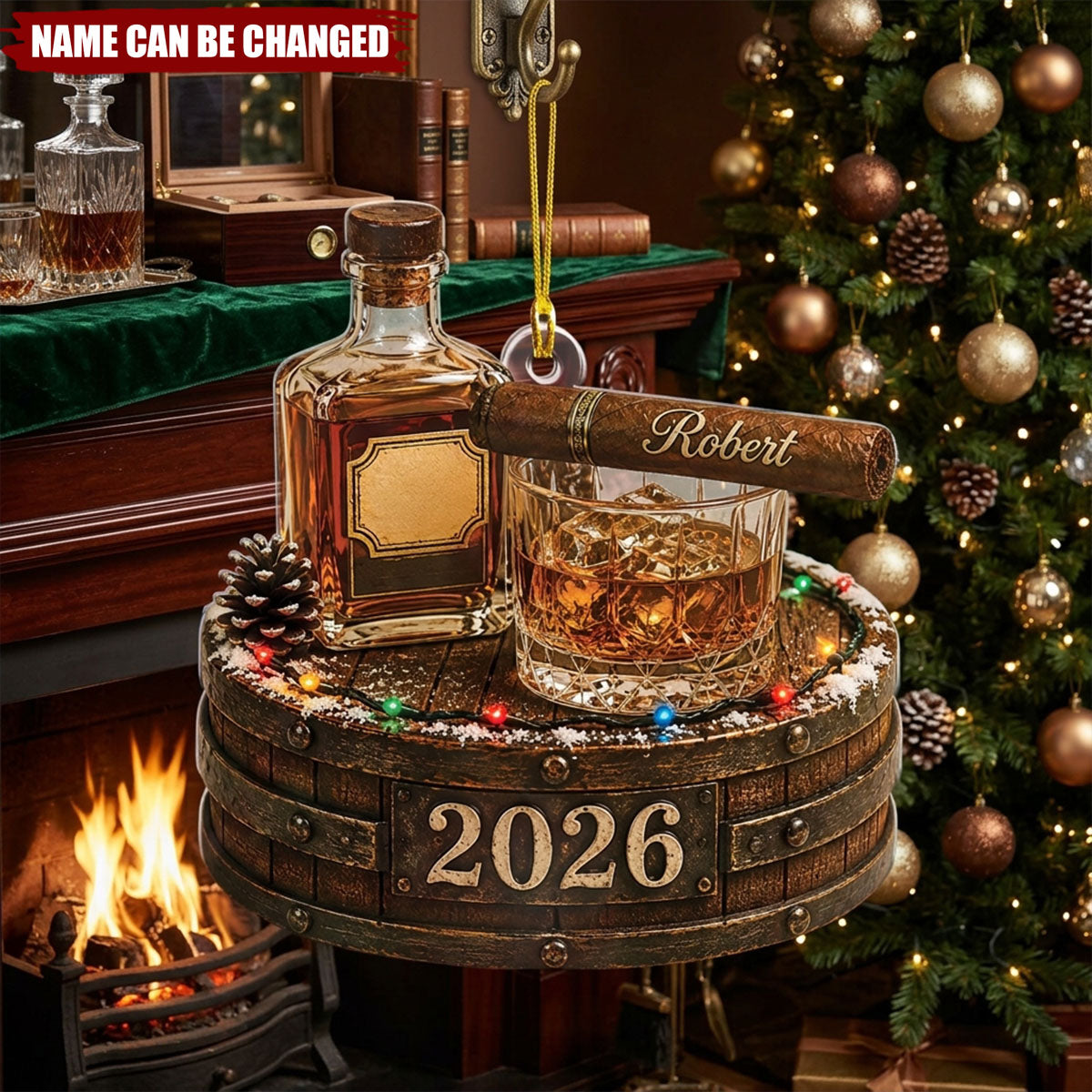 Personalized Whiskey Christmas Ornament, Custom Bourbon Lover Gift, 2026 Bar Decor, Whiskey Barrel Ornament, Cigar Lover Gift