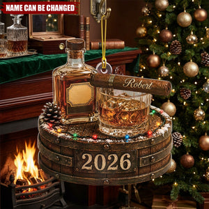 Personalized Whiskey Christmas Ornament, Custom Bourbon Lover Gift, 2026 Bar Decor, Whiskey Barrel Ornament, Cigar Lover Gift
