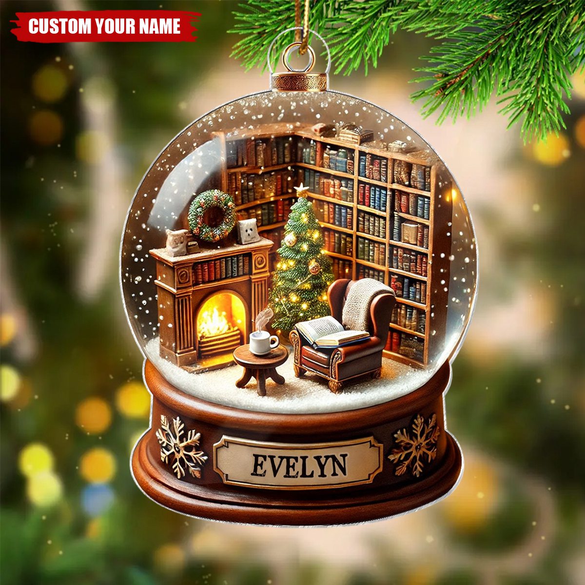 Book Lover Room 3D Effect Snow Globe Christmas Book Club Gift Book Reader Personalized Acrylic Flat Ornament