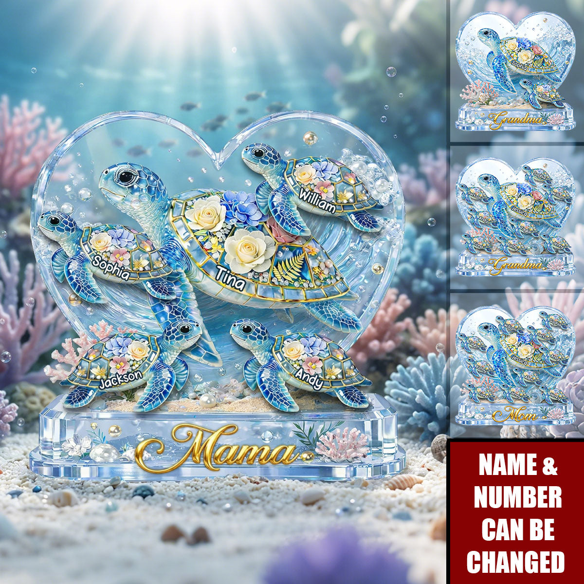 Personalized Shaped Acrylic Block Plaque with Sea Turtles & Ocean Flowers