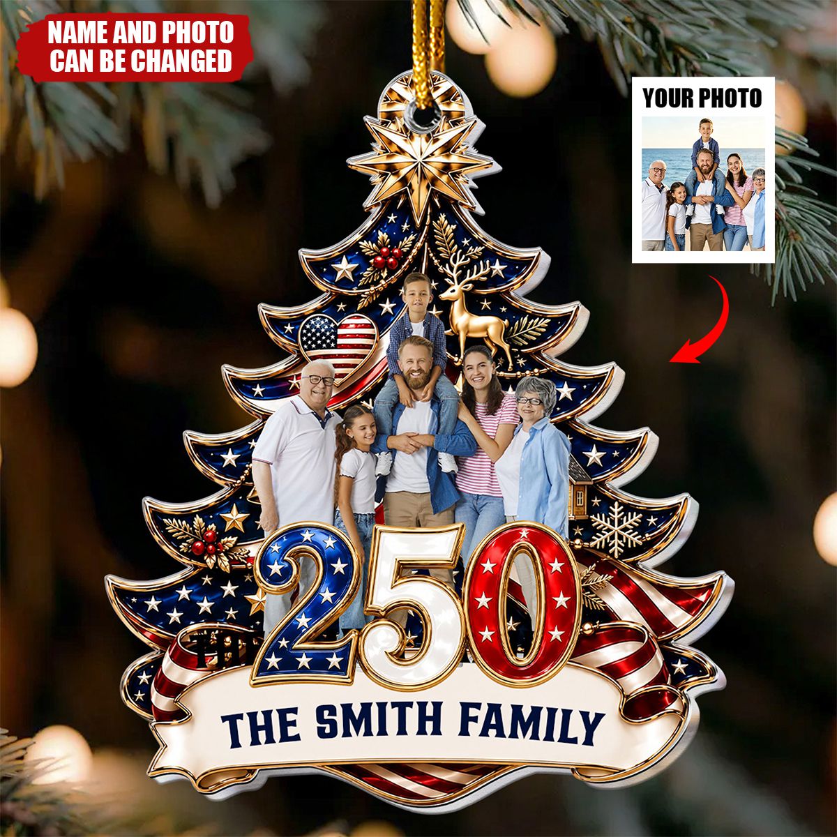 250th Anniversary Custom Family Photo & Name Usa Patriotic Keepsake Gifts - Personalized Ornament