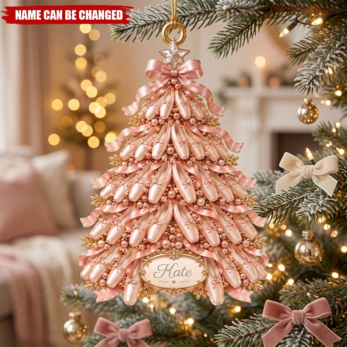 Personalized Ballet Shoes Christmas Tree Ornament, Custom Name Champagne Ballet Keepsake, Ballet Tree Acrylic Keepsake