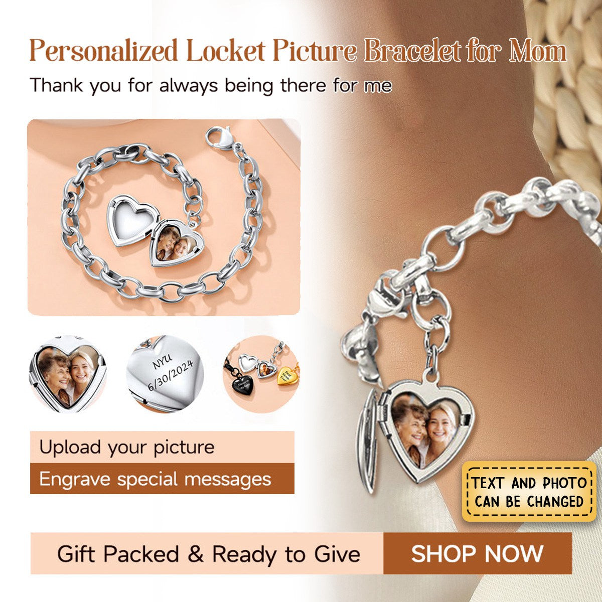 Personalized Heart Locket Picture Bracelet for Women
