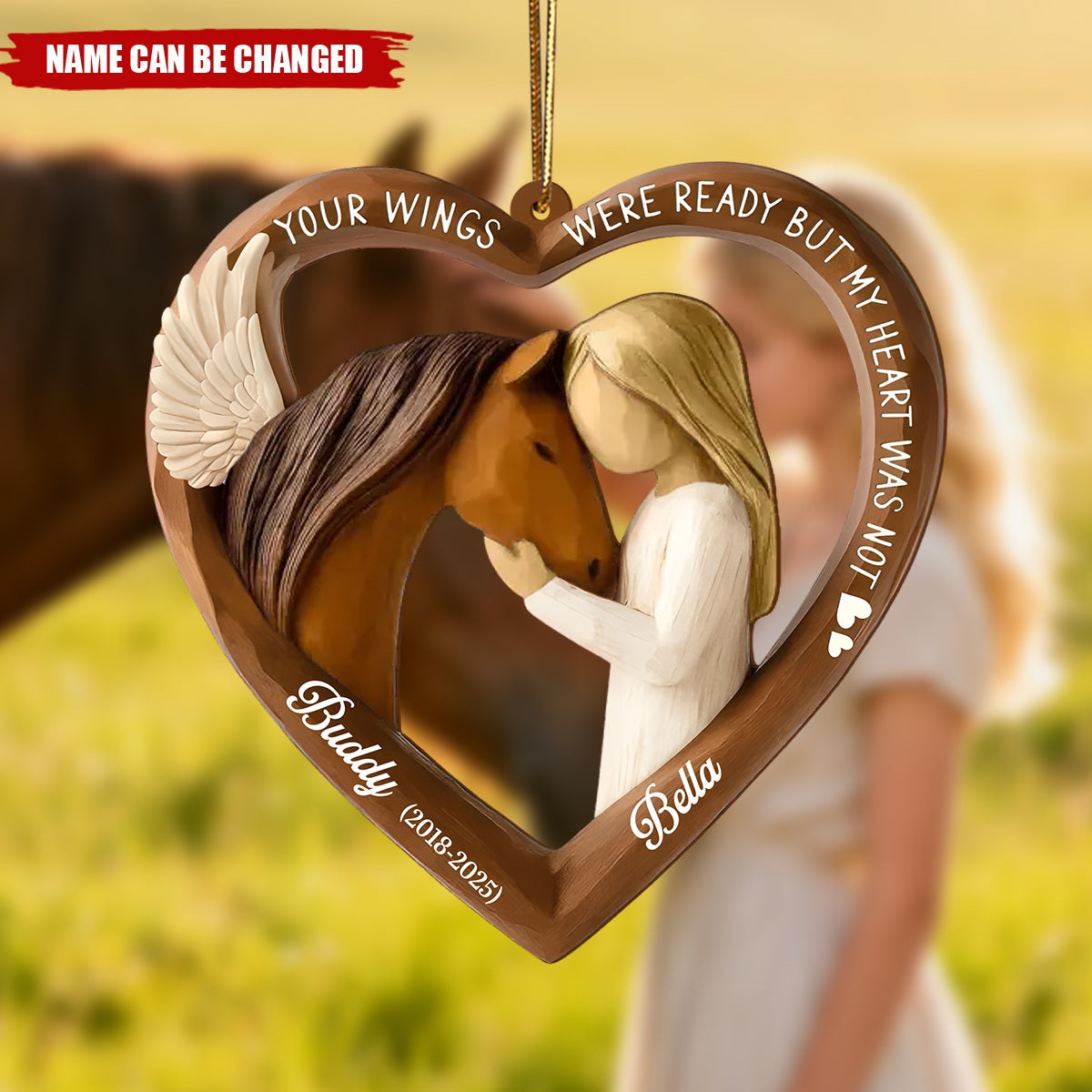 Personalized Horse Girl Memorial Ornament – Custom Wood Heart with Wings & Pet Loss Keepsake