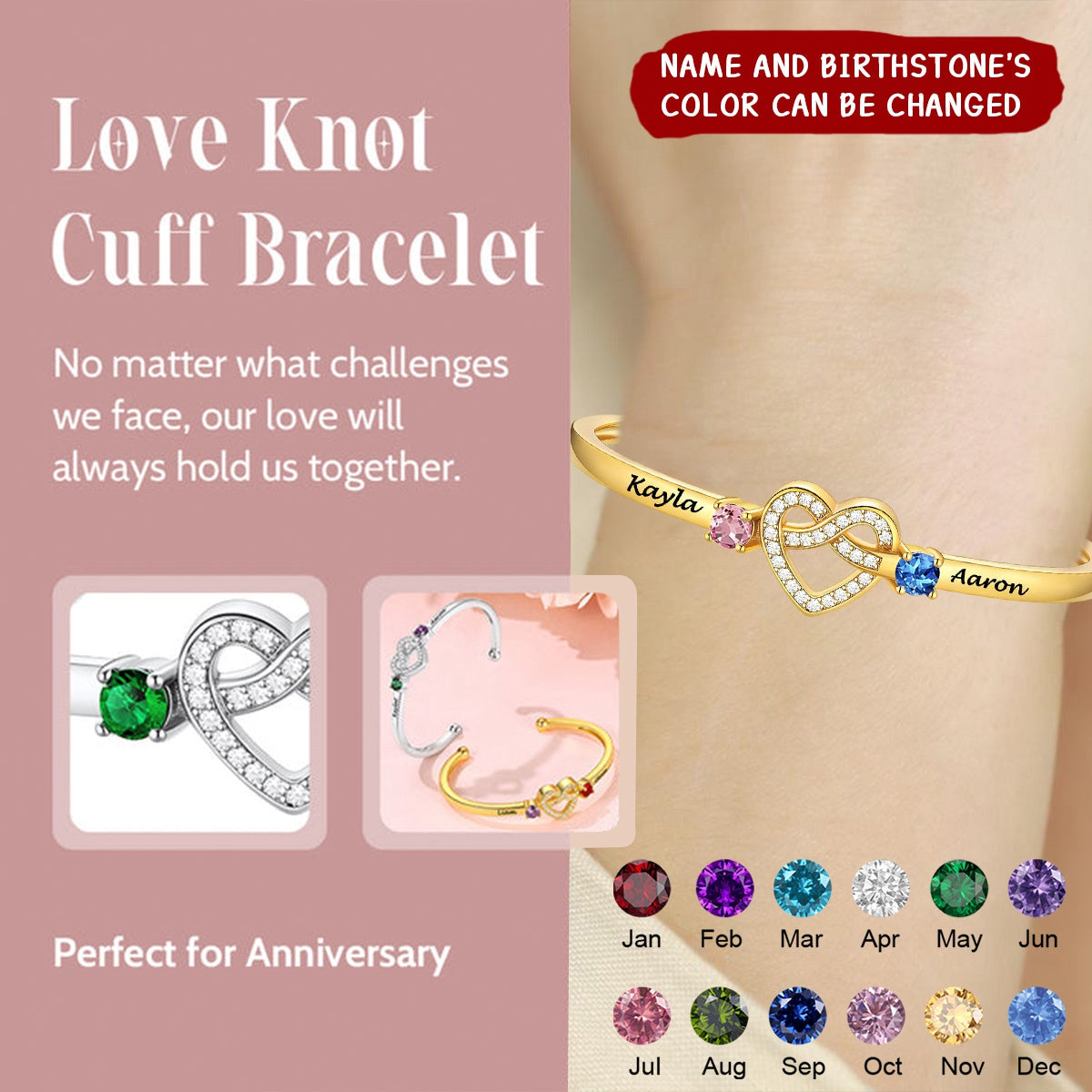 Love Knot Heart Birthstone Cuff Personalized Couple Bracelet,Gift For Loved One