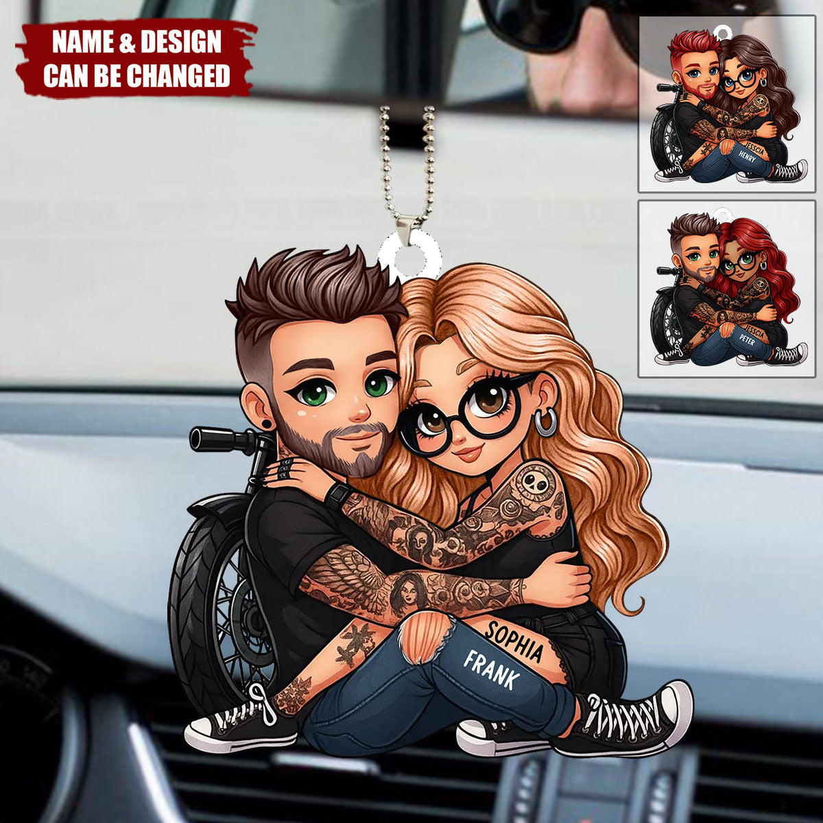 Biker Cartoon Effect Couple Personalized Acrylic Car Ornament, Gift for Motorcycle Lovers