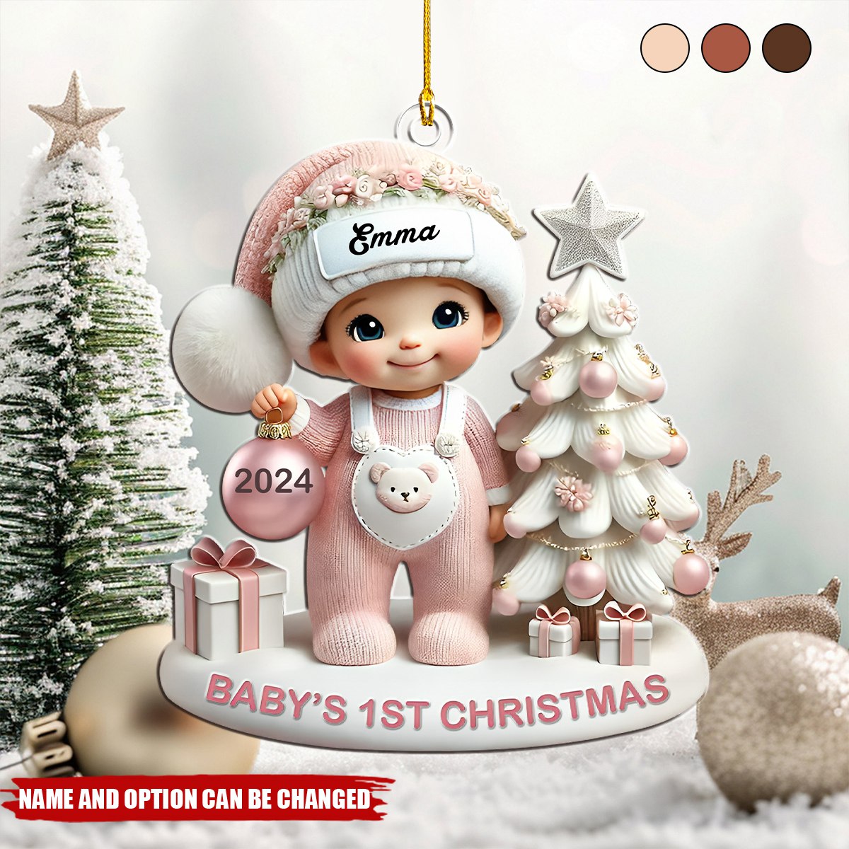 Cute Baby Standing Beside Christmas Tree 3D Effect Baby's First Christmas Personalized Acrylic Flat Ornament