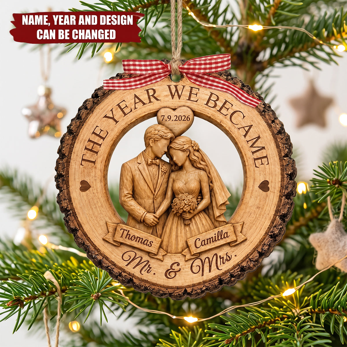 Personalized Couple Wedding Anniversary Ornament, First Christmas Wood Ornament, The Year We Becam Mr Mrs Ornament