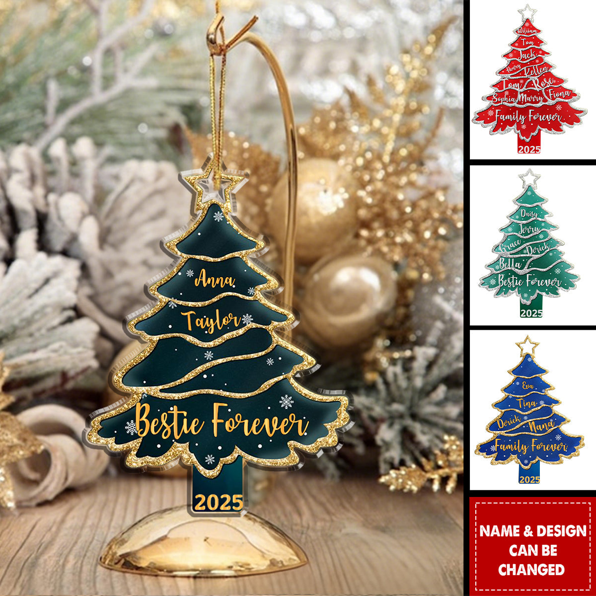 Text Pattern Christmas Tree, Family Bestie Custom Names Pottery Glitter Effect Acrylic Ornament