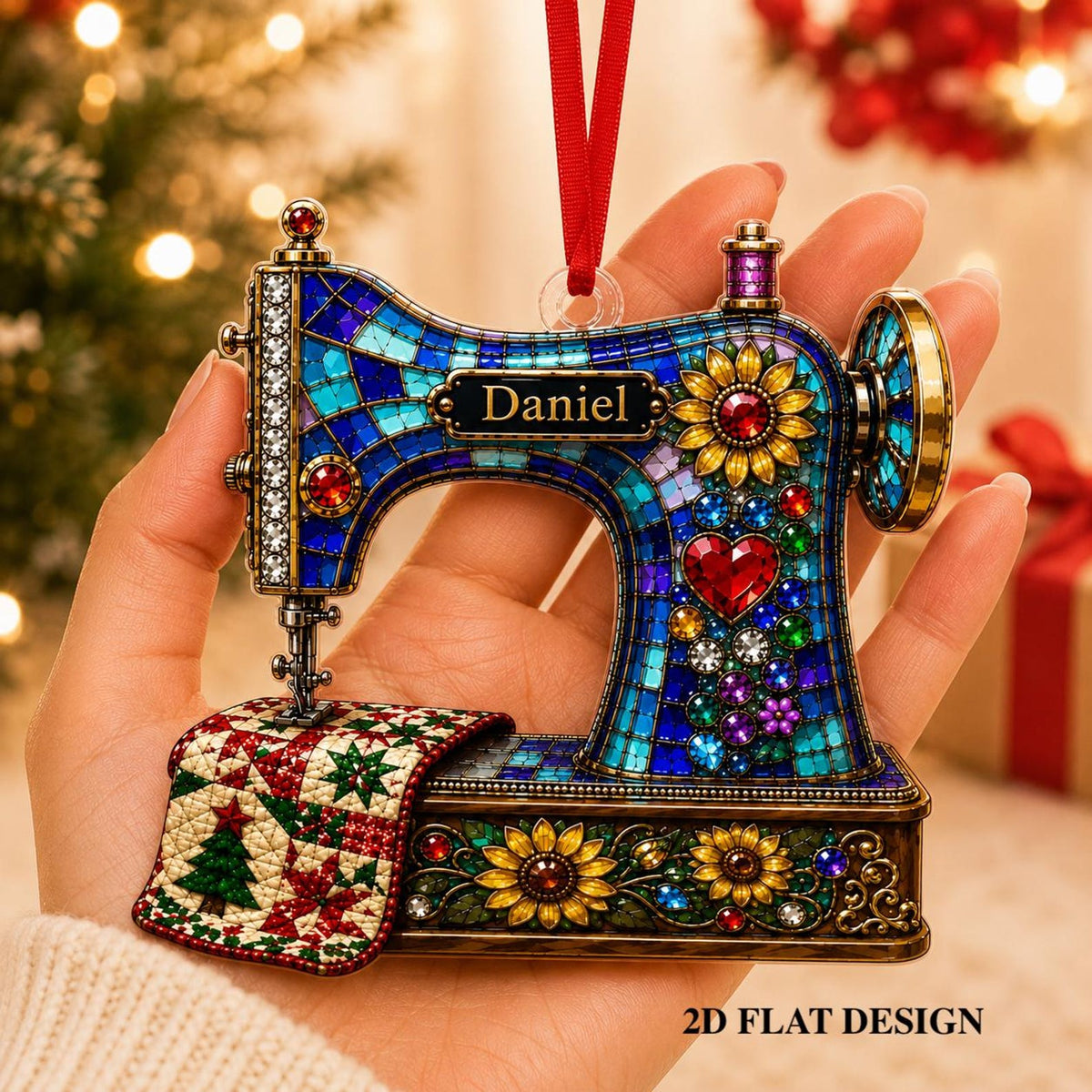Personalized Stained‑Glass Sewing Machine Christmas Ornament, 2 Style Options Custom Name Keepsake Ornament, Gift For Sewers, Quilters & Grandma