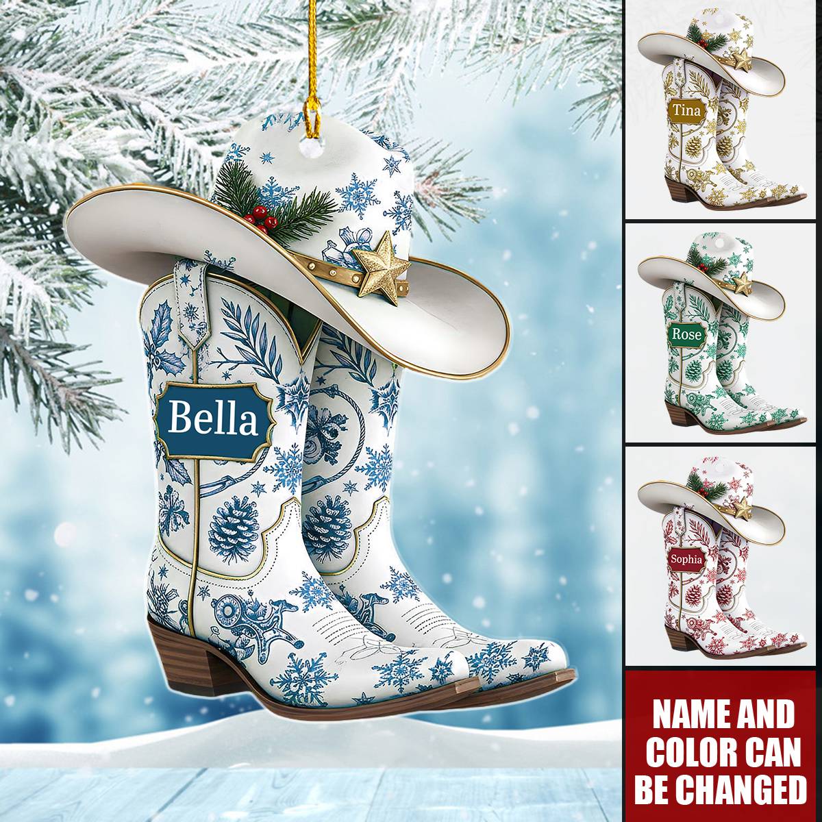 Customize Name Cowgirl Boots Christmas Ornament, Coquette Bow Hat Gift