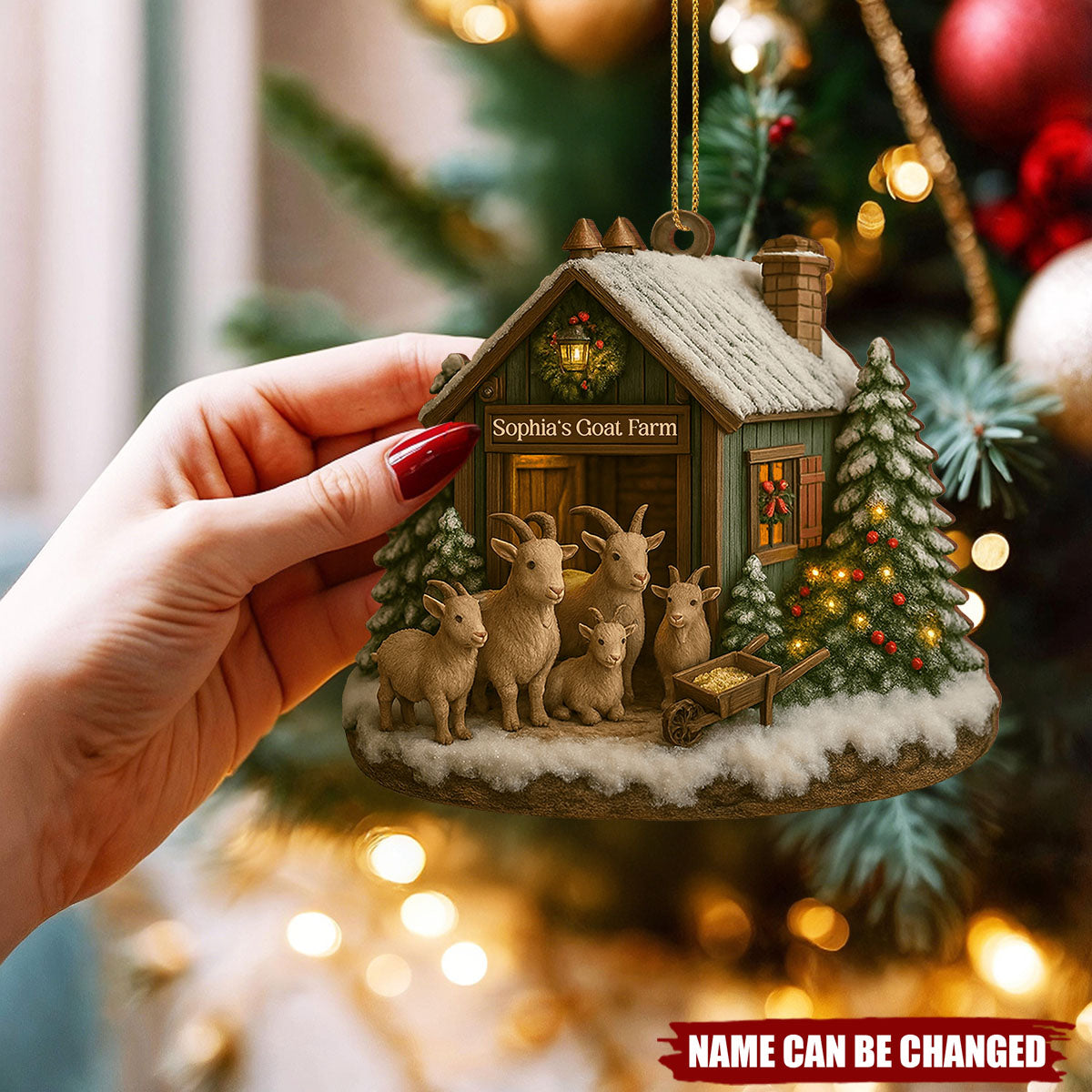 Goat Farm, Goats and Christmas Tree, Custom Wood Ornament