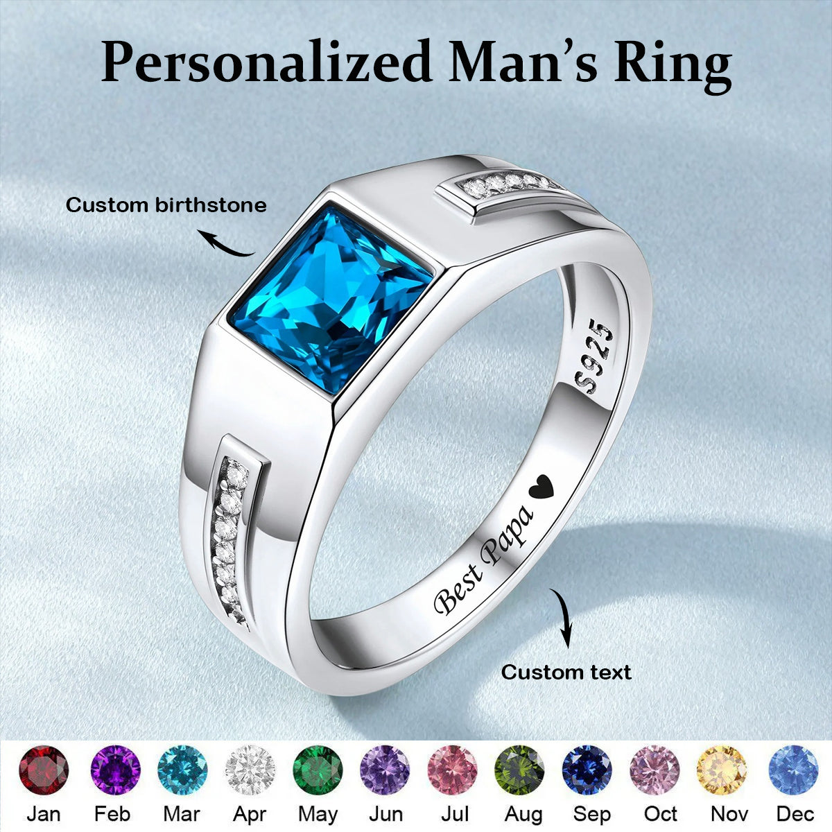 Custom Birthstone Signet Band Ring Gift for Dad, Papa, Husband