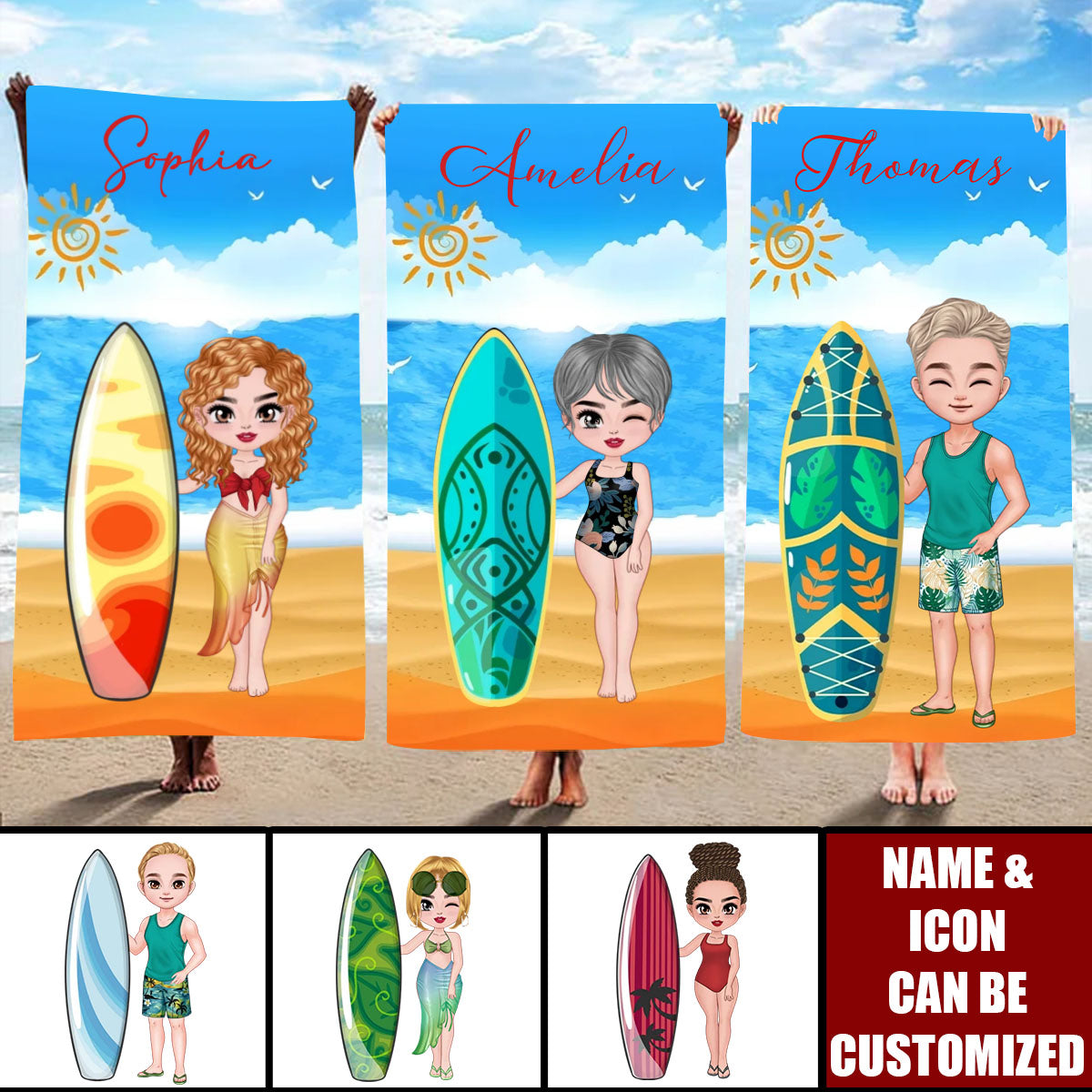Personalised Surfboard Cartoon Character Beach Towel, Summer Vacation Travel Gift For Woman Man