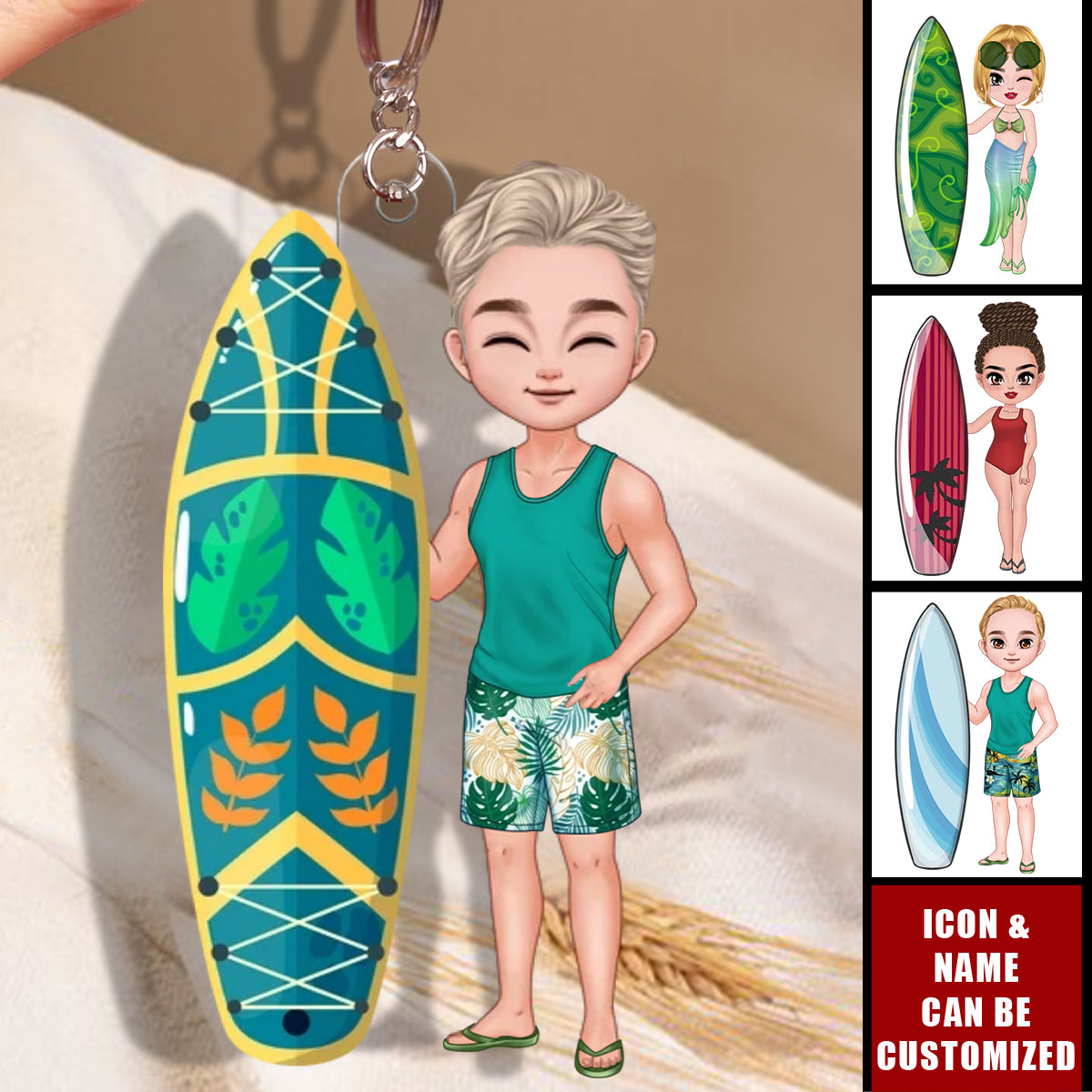 Surfboard Cartoon Character - Personalized Acrylic Keychain