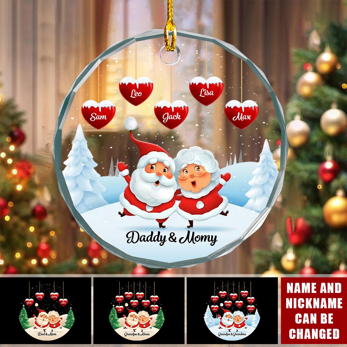 Papa Nana Claus Hearts Kids Names Personalized Glass Ornament