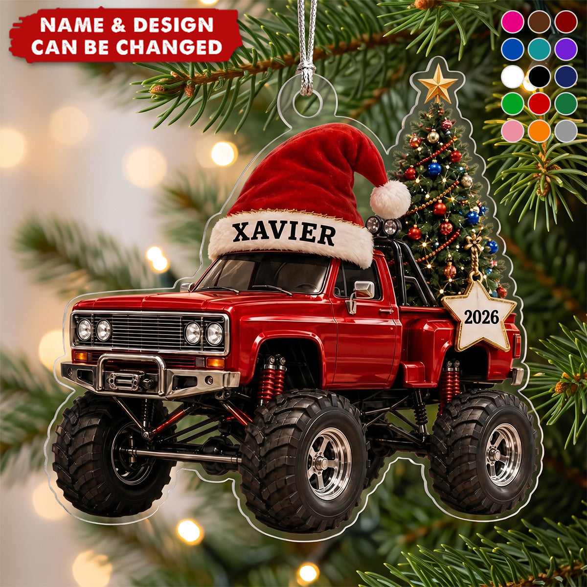 Personalized Monster Truck Christmas Acrylic Ornament, Custom Name Ornament, Santa Truck Xmas Gift for Kids