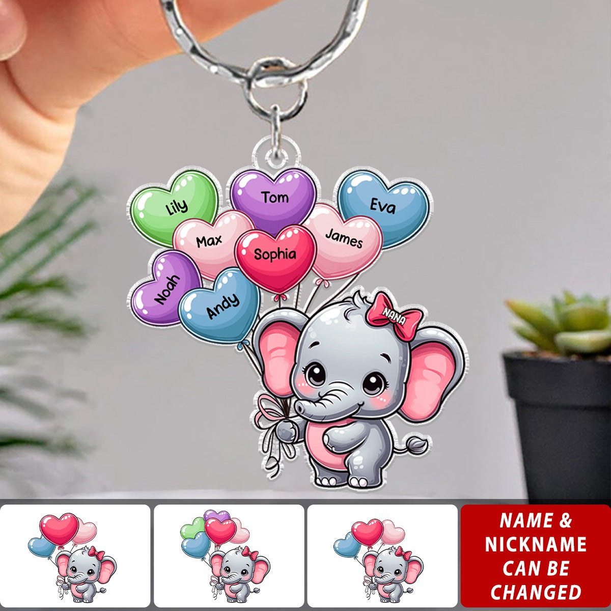 Cute Elephant Grandma With Sweetheart Balloon Grandkids Personalized Acrylic Keychain