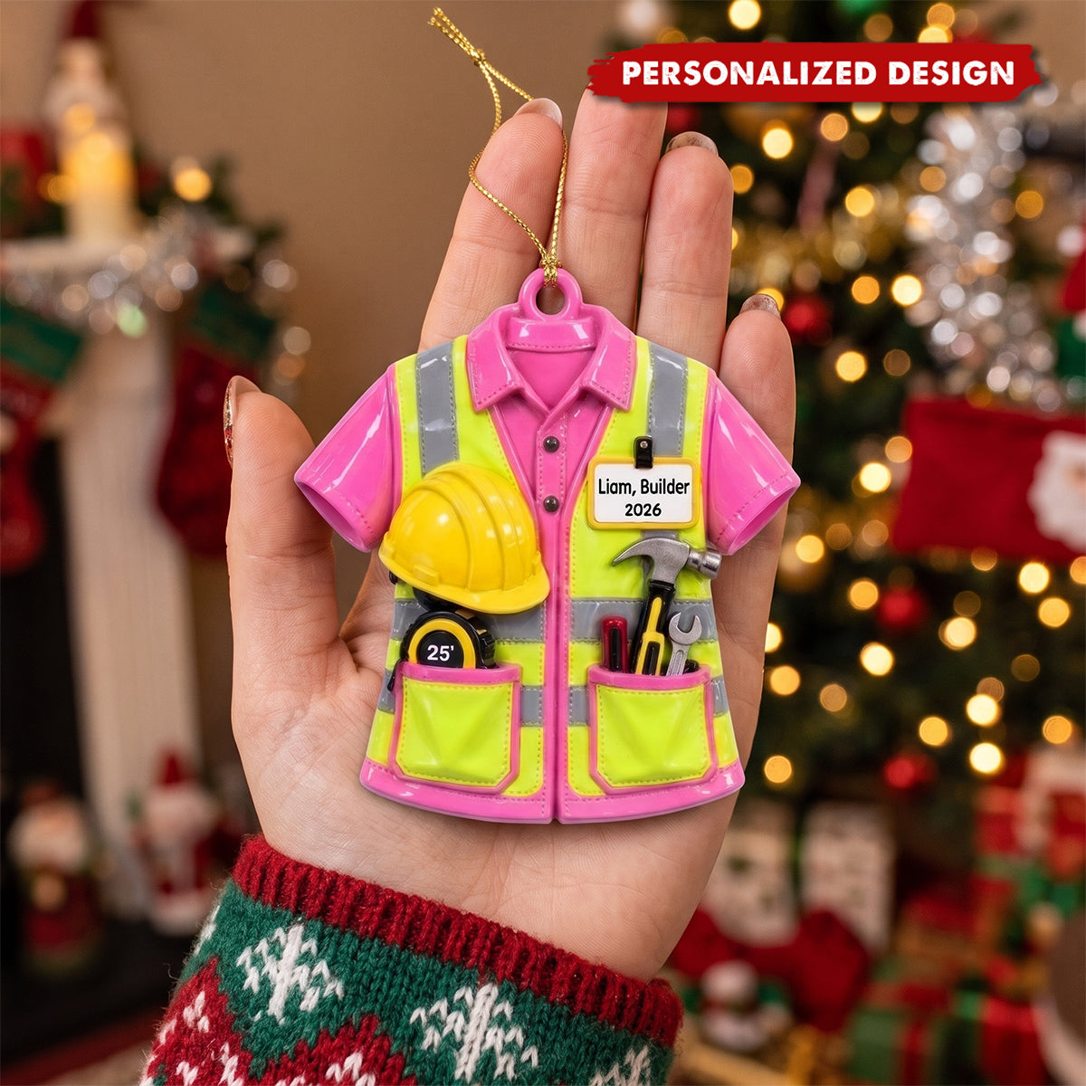 Custom Name Builder Christmas Ornament, Construction Work Shirt with Tools