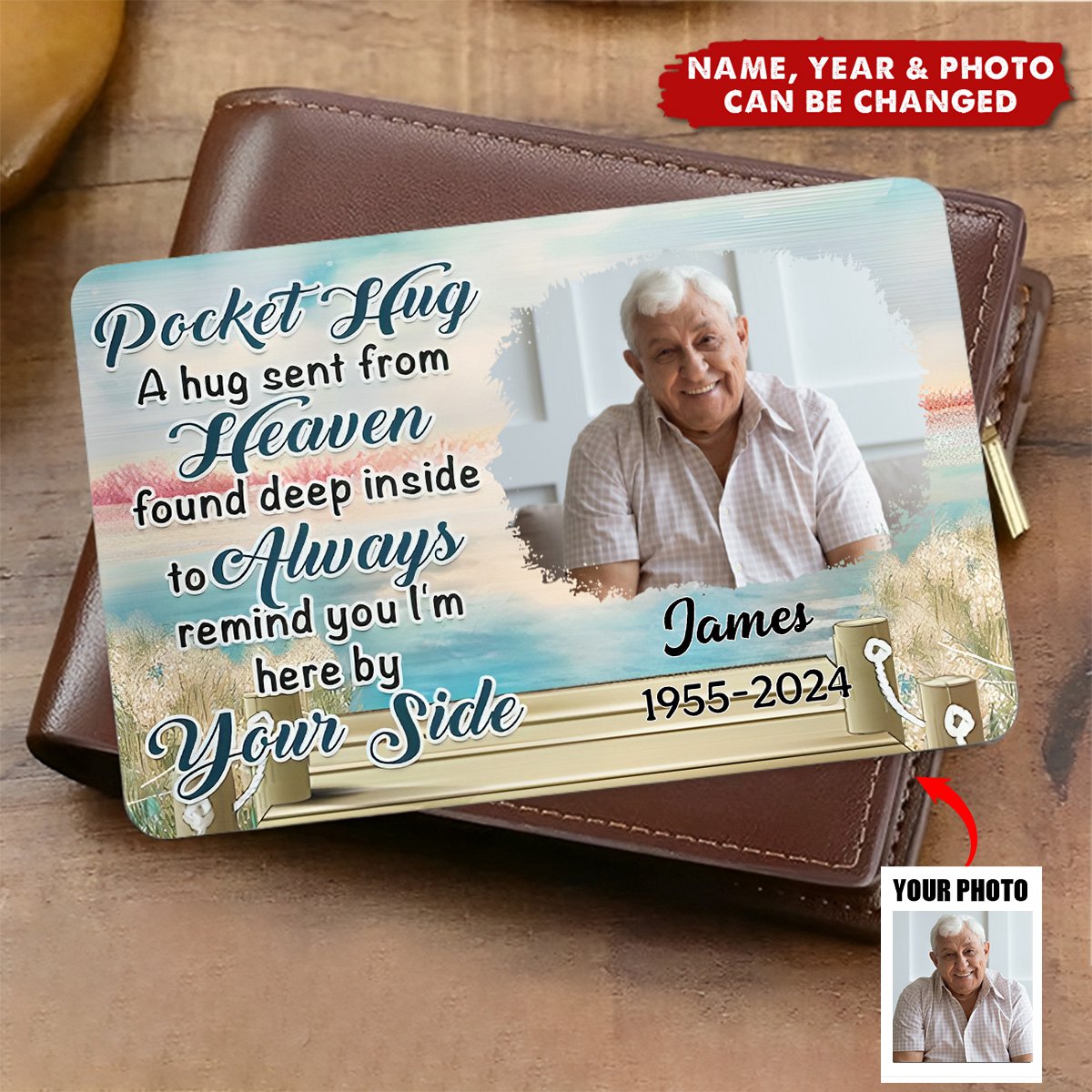 Custom Photo A Hug Send From Heaven - Personalized Stainless Steel Wallet Card