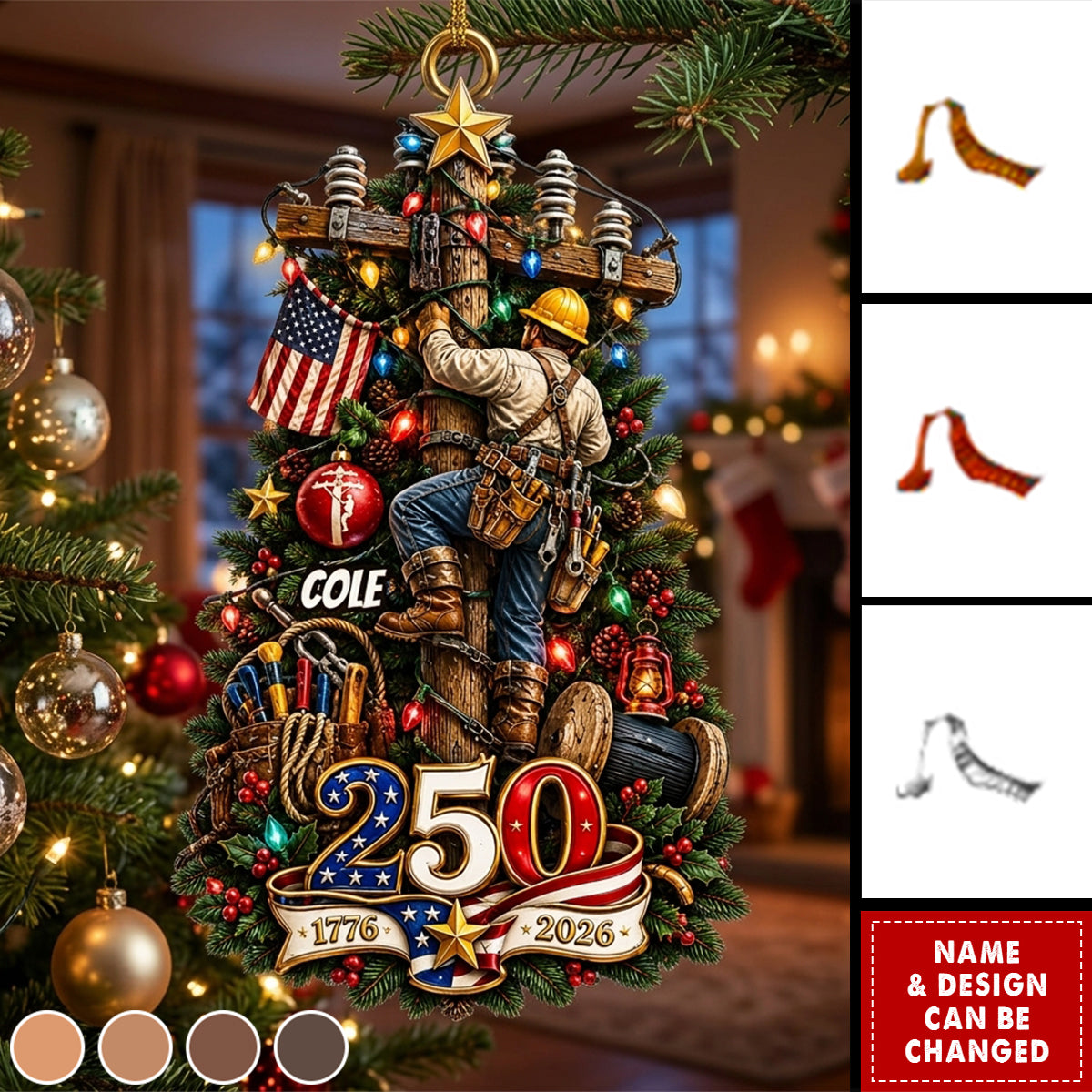 Proud American, Proud Lineman - America 250 Acrylic Ornament - Personalized Christmas Gift For Lineman