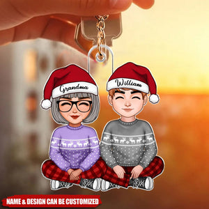 Cute Grandma Sitting With Teenage Granddaughter Grandson Personalized Acrylic Keychain