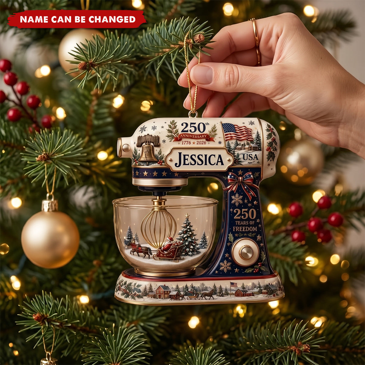 Personalized USA 250th Anniversary 2 Layer Acrylic Ornament — Custom Name Christmas Decor, American Flag & Mixer Gift