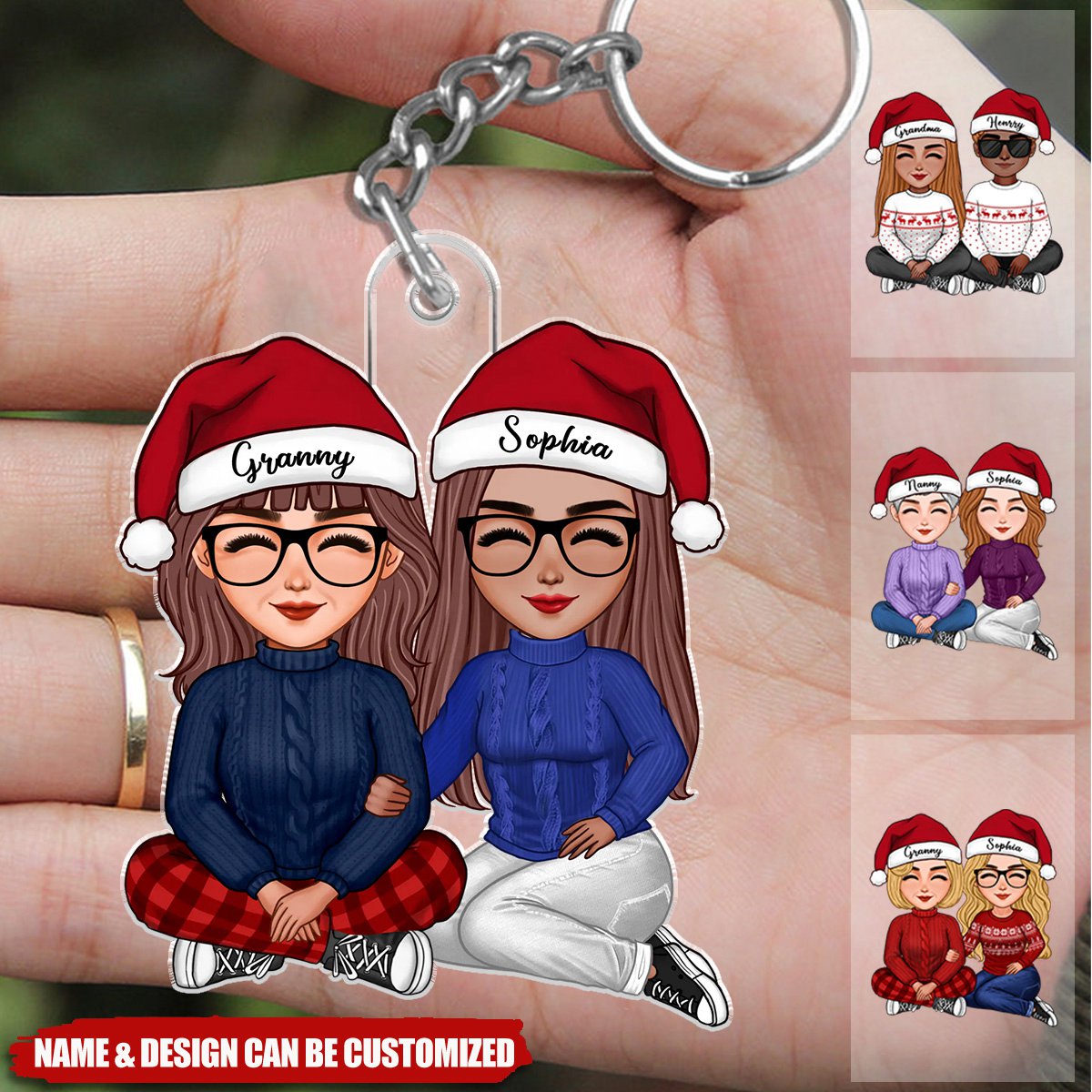 Cute Grandma Sitting With Teenage Granddaughter Grandson Personalized Acrylic Keychain