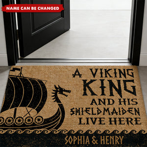 Name In Runes Viking A Viking King And His Shieldmaiden Live Here - Personalized Doormat