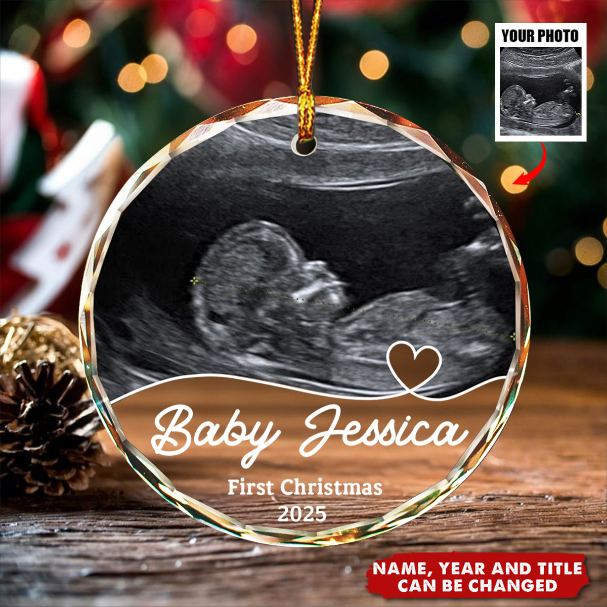 Custom Photo Arriving Baby First Christmas Ultrasound - Personalized Glass Ornament