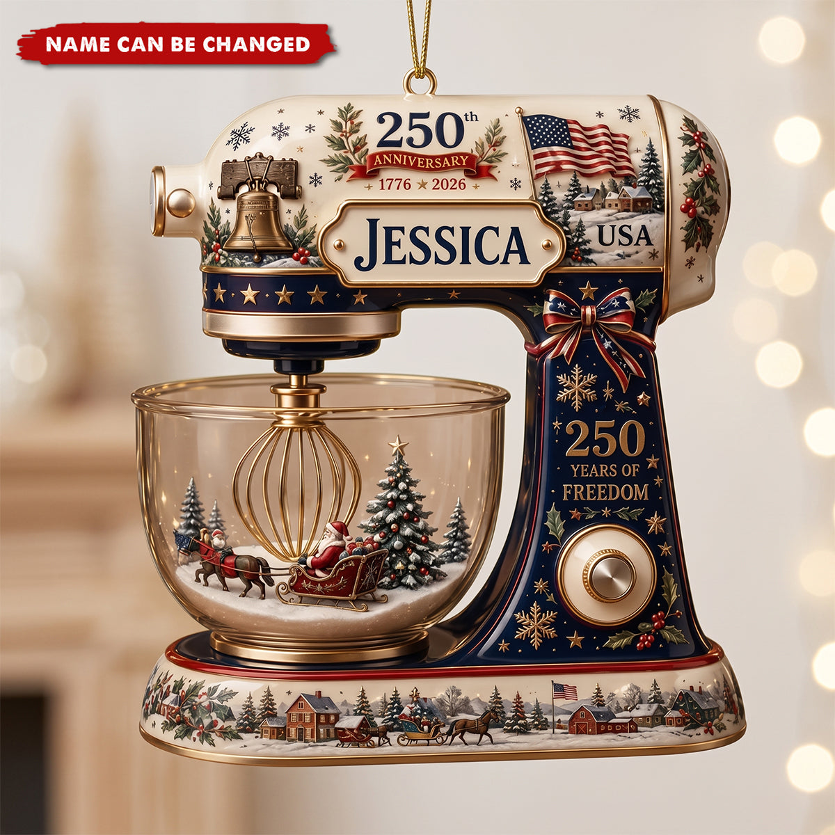 Personalized USA 250th Anniversary 2 Layer Acrylic Ornament — Custom Name Christmas Decor, American Flag & Mixer Gift