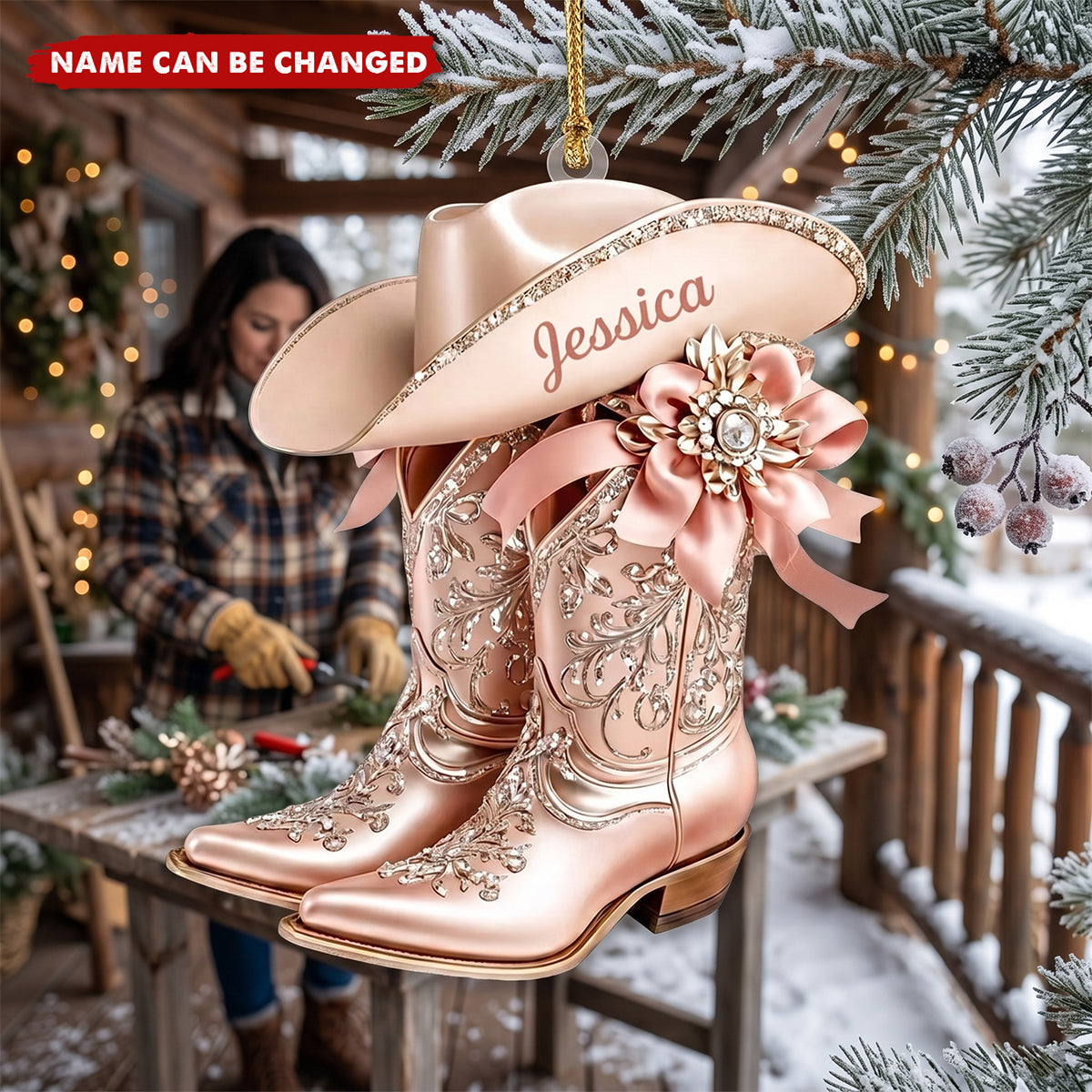 Personalized Cowgirl Boot Ornament, Custom Western Christmas Ornament