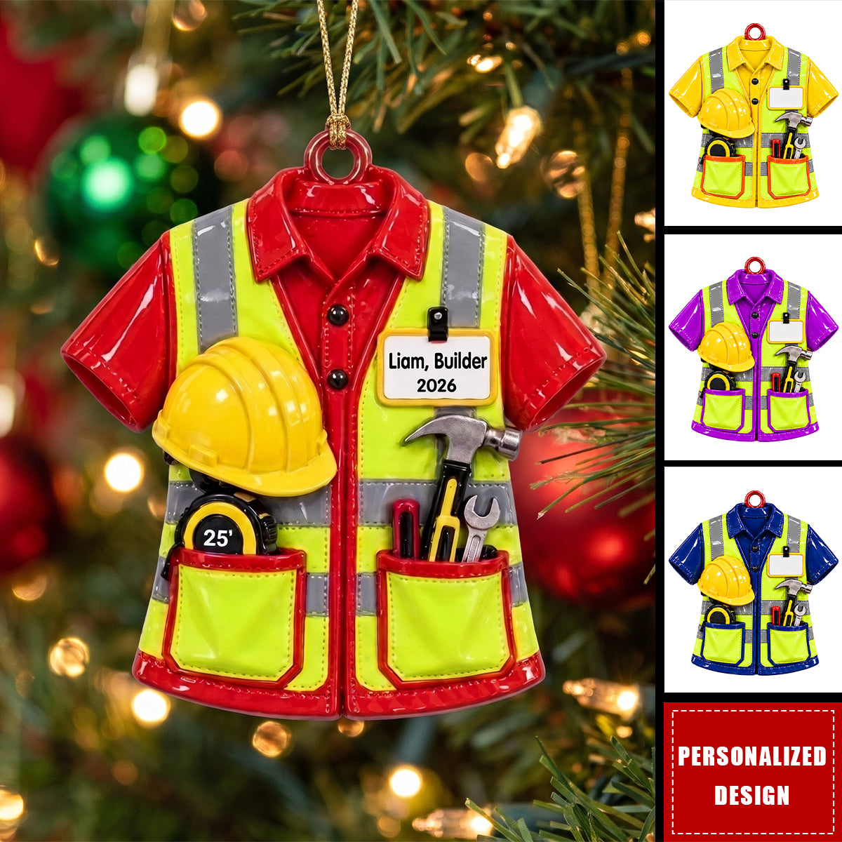 Custom Name Builder Christmas Ornament, Construction Work Shirt with Tools