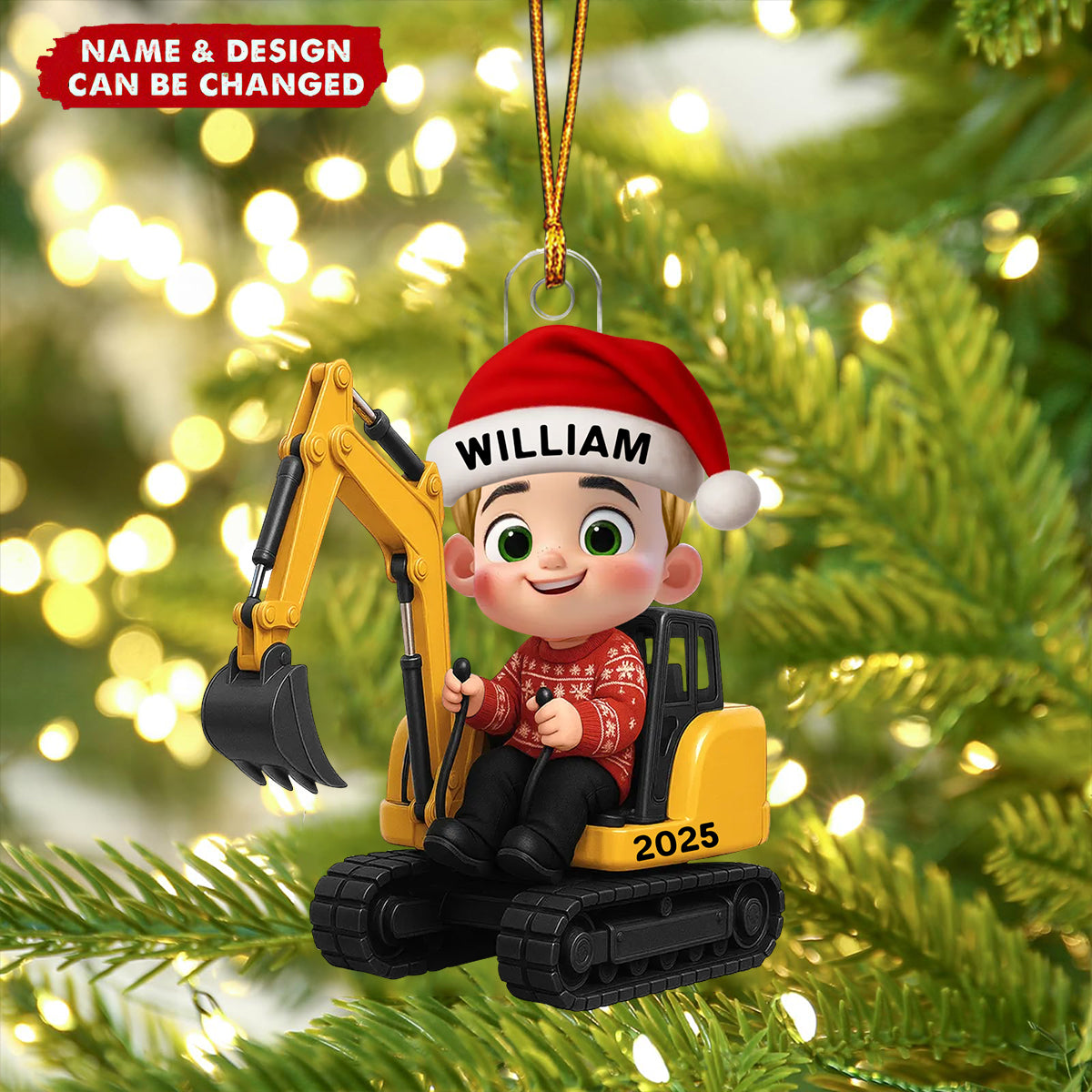 3D Effect Little Boy Kid With Car Excavator Backhoe Tractor Christmas Personalized Acrylic Ornament