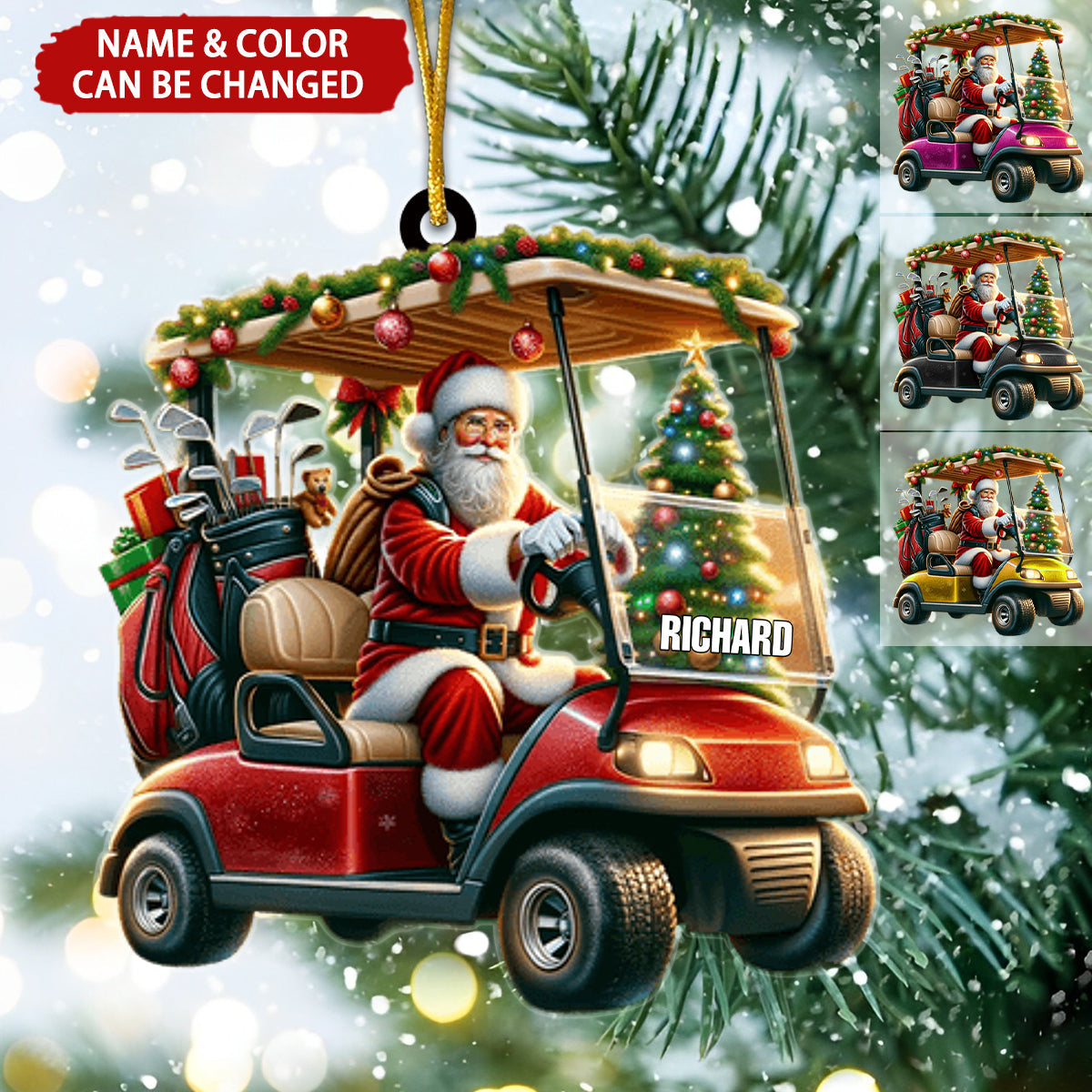Santa Riding Golf Cart Coming Home, Personalized Christmas Ornament