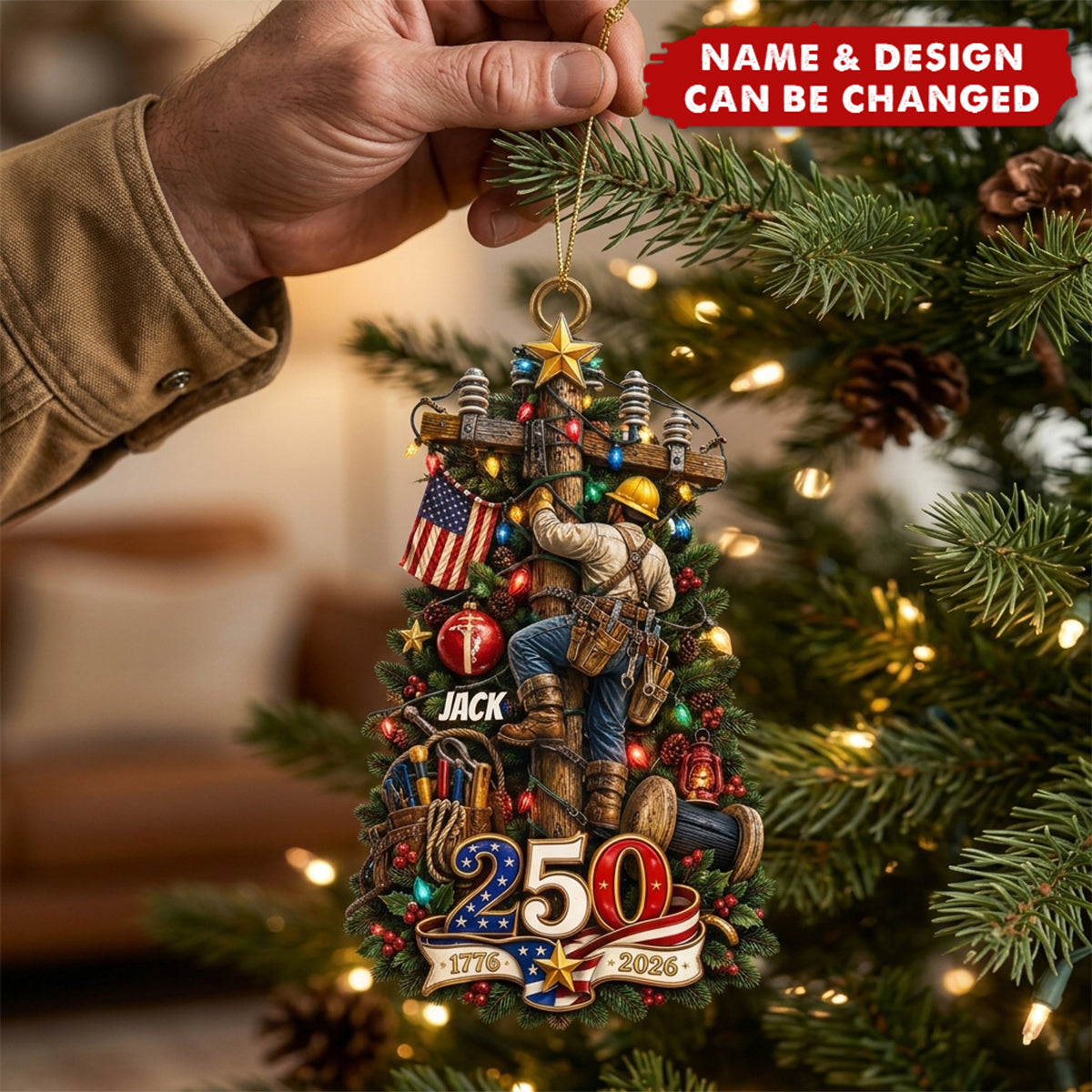 Proud American, Proud Lineman - America 250 Acrylic Ornament - Personalized Christmas Gift For Lineman