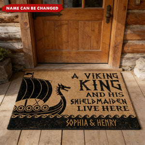 Name In Runes Viking A Viking King And His Shieldmaiden Live Here - Personalized Doormat