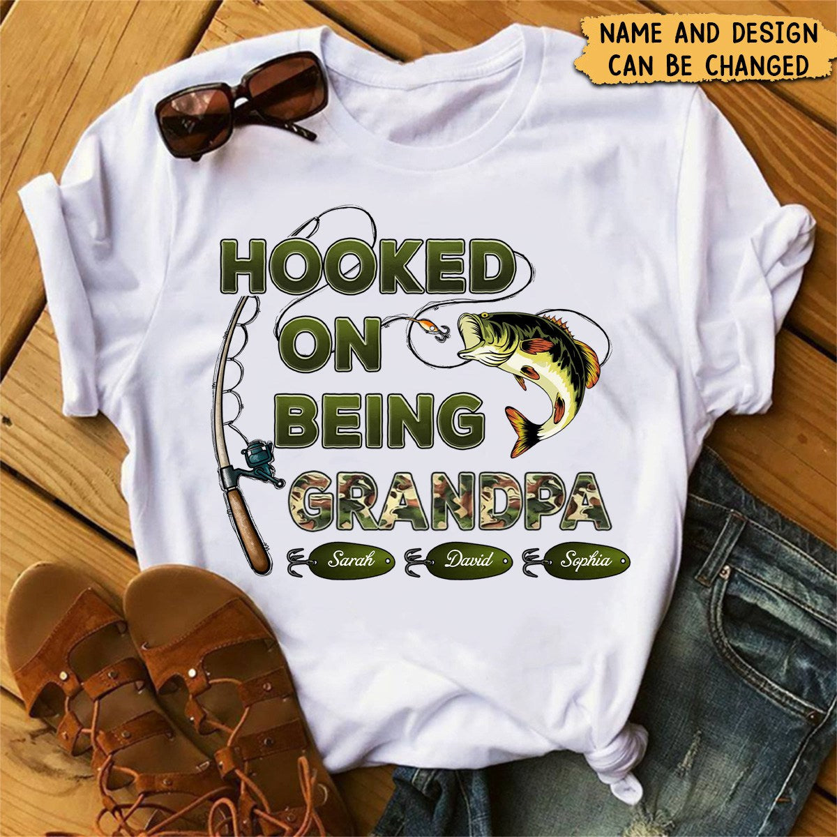 Hooked On Being Grandpa Fishing Camouflage - Personalized T-Shirt - Father's Day Gift