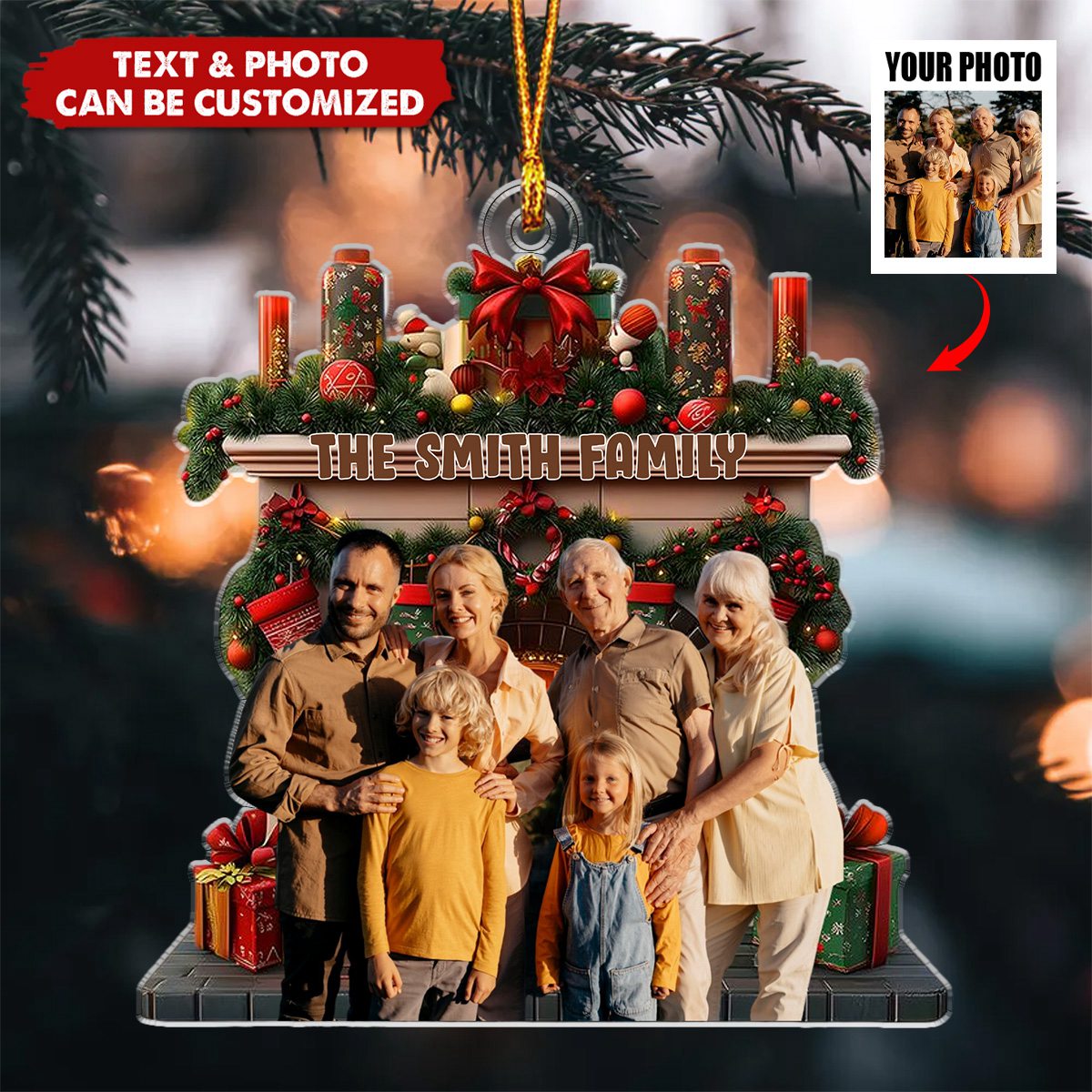 Christmas Fireplace Family - Personalized Photo Acrylic Ornament
