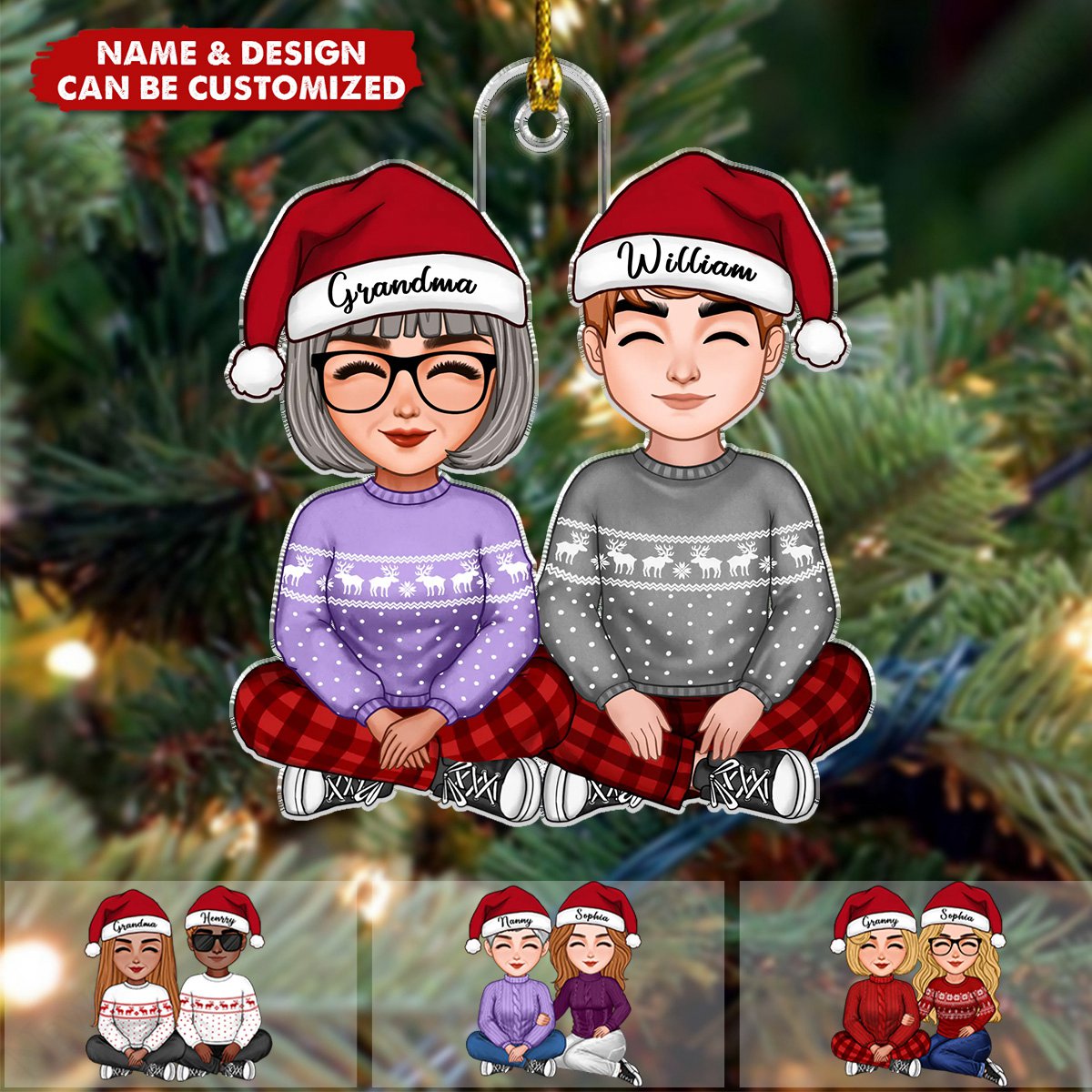 Cute Grandma Sitting With Teenage Granddaughter Grandson Christmas Gift Personalized Acrylic Ornament